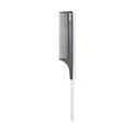 The carbon-fiber hair comb stands vertically, showing its black fine teeth, and pointed metal tail.