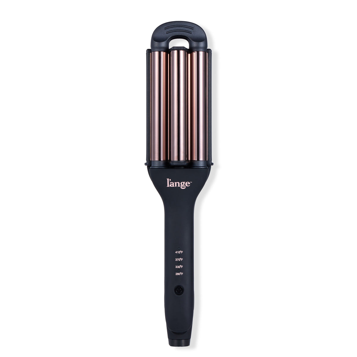 A black and rose gold triple-barrel curling iron with a digital temperature display on the handle.