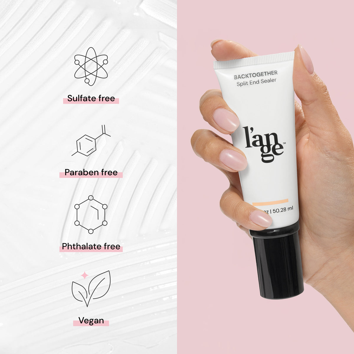 L'Ange Back Together Split End Sealer held in hand, highlighting its sulfate-free, paraben-free, phthalate-free, and vegan attributes, with a soft pink and white color scheme.