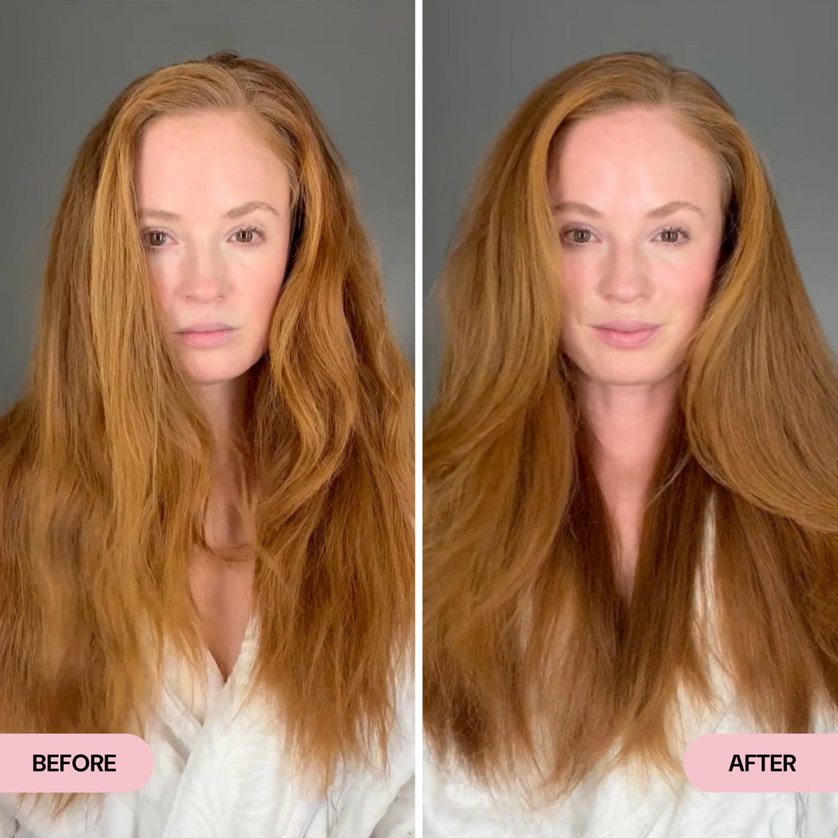 Before and after comparison showing a woman with uneven, frizzy hair transformed to smooth, voluminous, and polished hair.