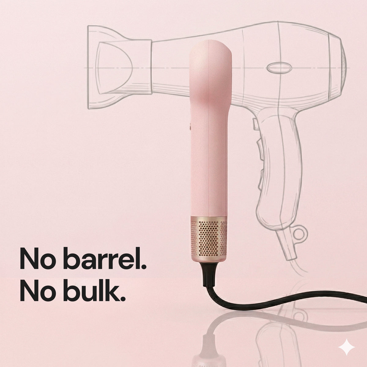 Pink L'ange hair dryer shown in front of a sketched outline of a traditional bulky hair dryer, with text "No barrel. No bulk."