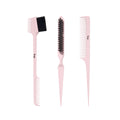 Three pink L’ange styling combs and brushes on a white background