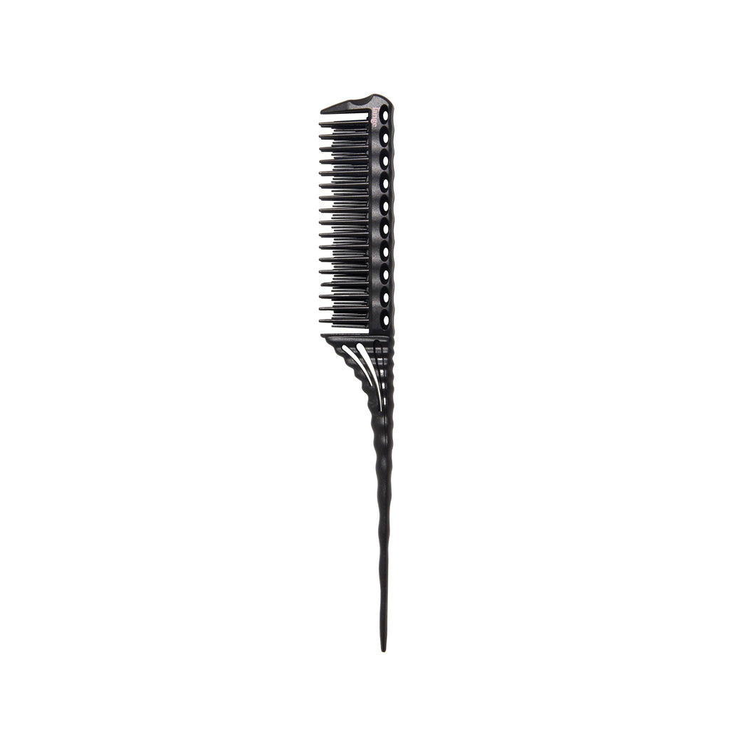 Black carbon fiber teasing pin-tail comb on a white background.