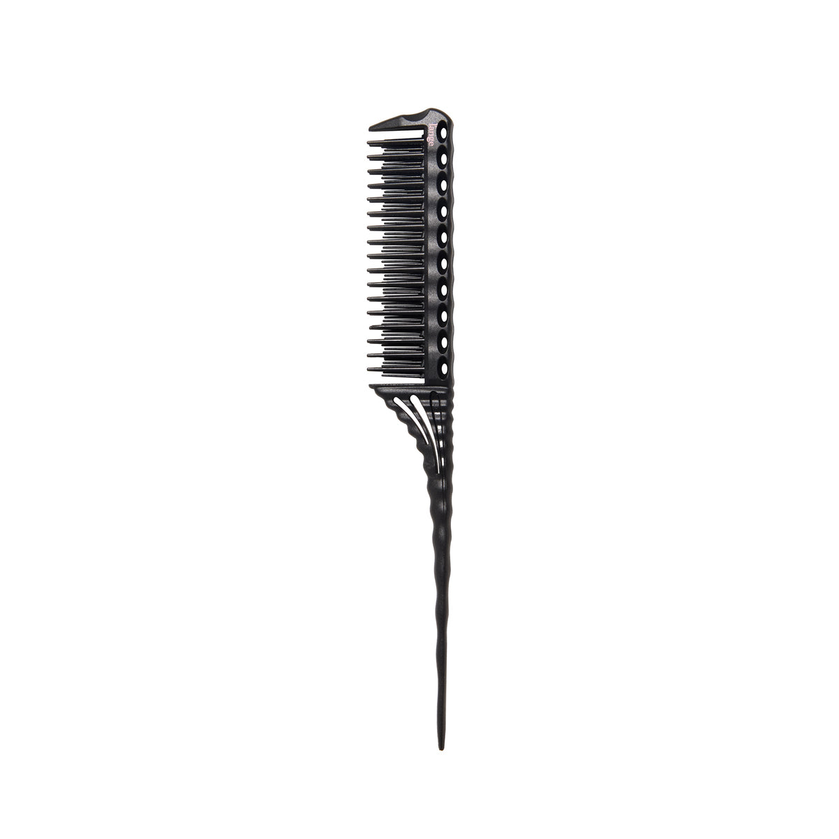 Black carbon fiber teasing pin-tail comb on a white background.