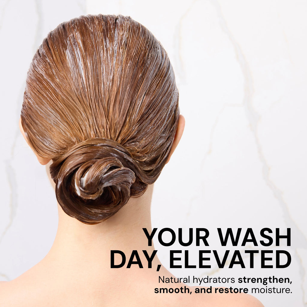 Benefits image. Text reads "Your Wash Day,, Elevated. Natural hydrators strengthen, smooth, and restore moisture"