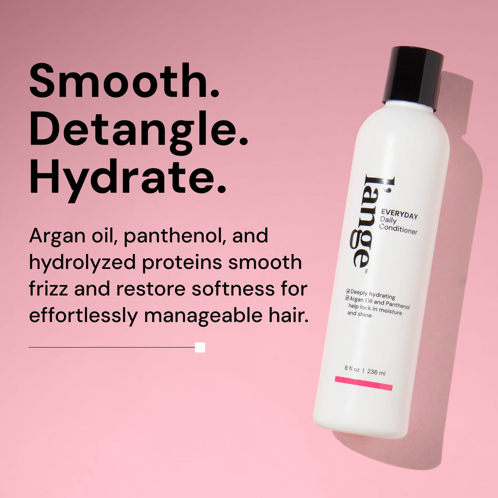 Informational image. Text reads "SMOOTH. DETANGLE. HYDRATE." "Argan oil, panthenol, and hydrolyzed proteins smooth frizz and restores softness for effortlessly manageable hair"