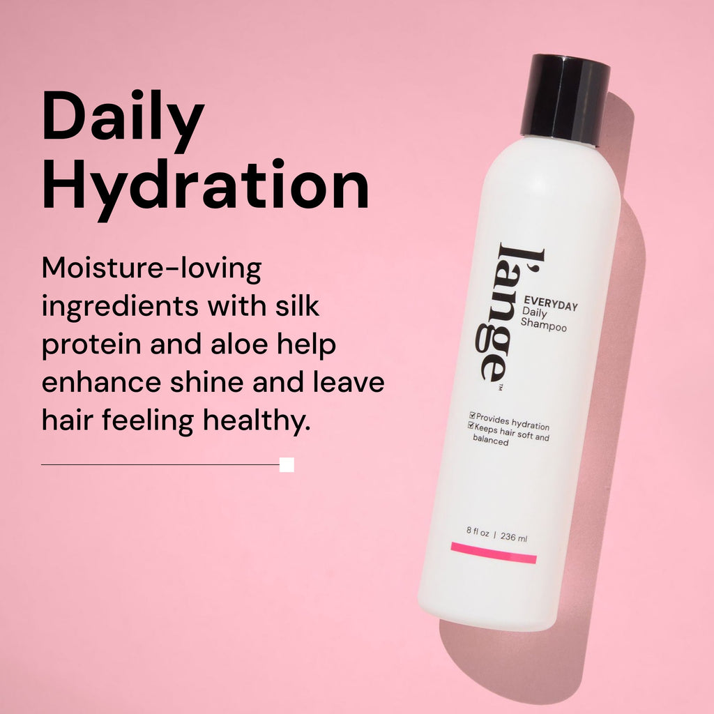 Informational image. Text reads "Daily Hydration" "Moisture-loving ingredients with silk protein and aloe help enhance shine and leave hair feeling healthy"