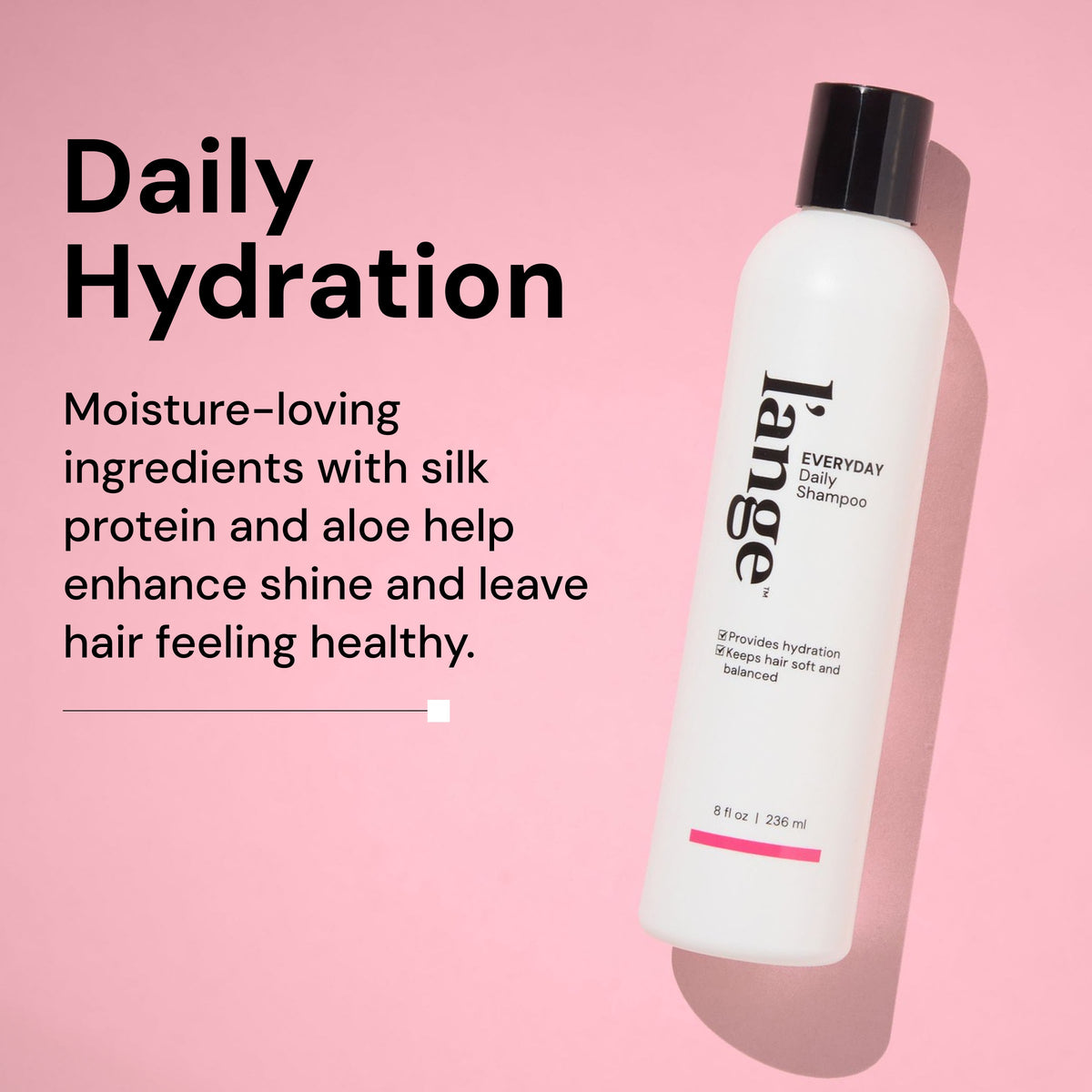 Informational image. Text reads "Daily Hydration" "Moisture-loving ingredients with silk protein and aloe help enhance shine and leave hair feeling healthy"
