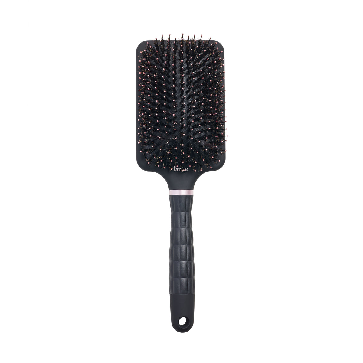 black L’ange detangling paddle brush with nylon bristles and boar on a white  background
