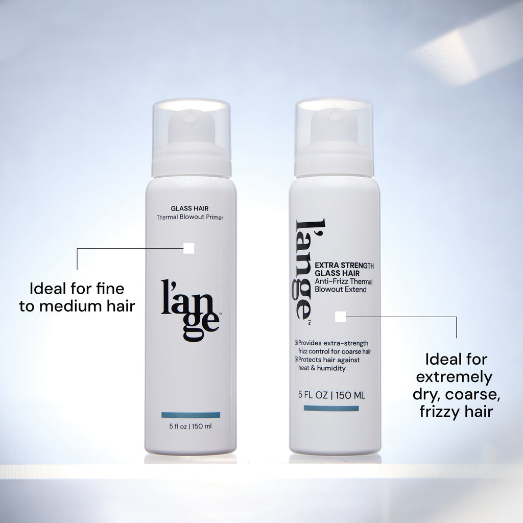 "Ideal for" comparison image between Glass Hair and Extra Strength Glass Hair. Text reads for Glass Hair "Ideal for fine to medium hair". Text follows for Extra Strength Glass Hair "Ideal for extremely dry, coarse, frizzy hair"