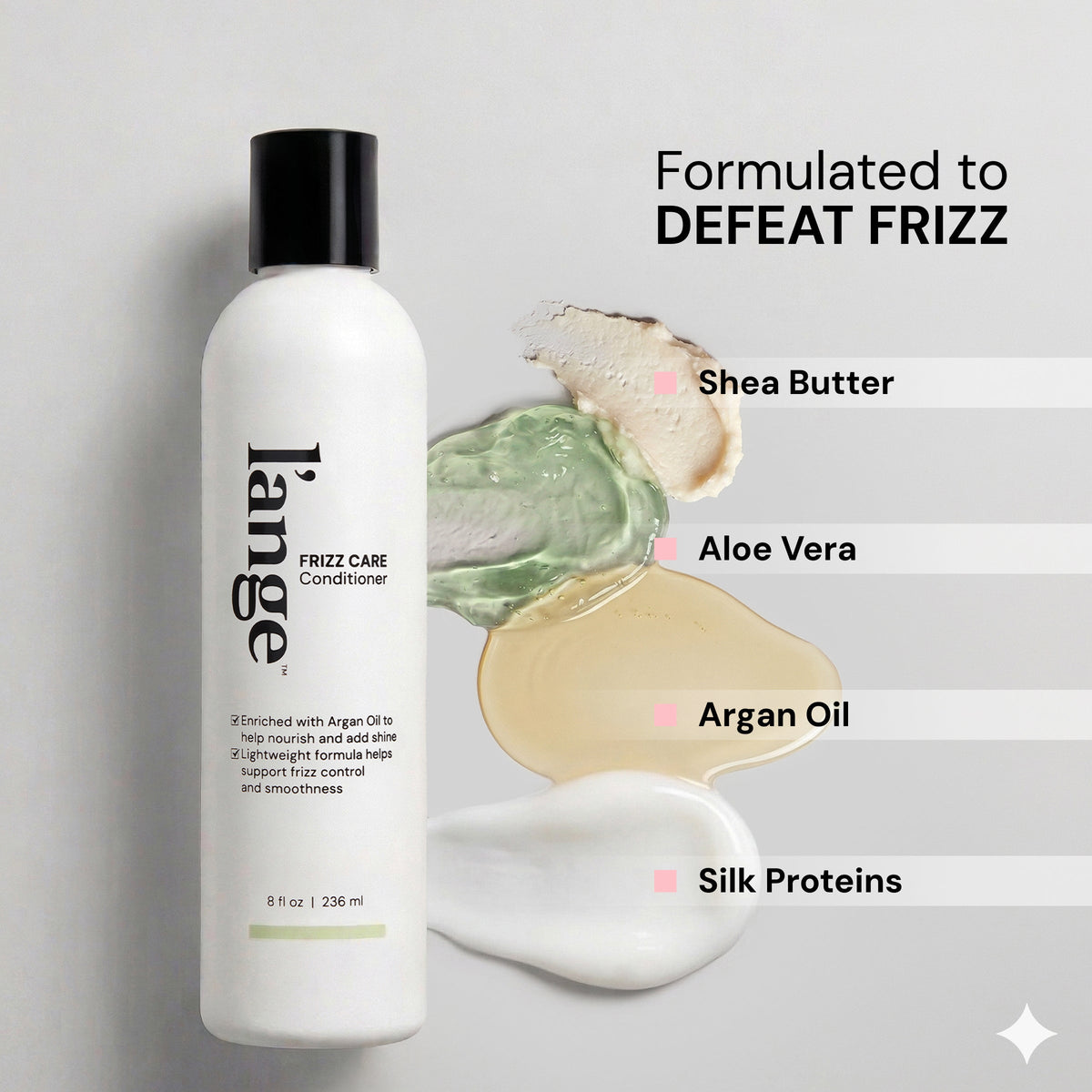 Key Ingredients image. Text reads "Formulated to DEFEAT FRIZZ" list follows "Shea Butter. Aloe Vera. Argan Oil. Silk Proteins"