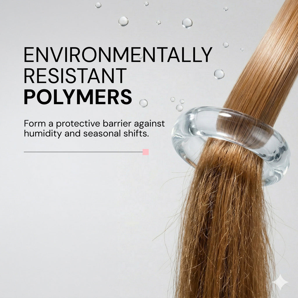 Benefits image. Text reads "ENVIRONMENTALLY RESISTANT POLYERS. Form a protective barrier against humidity and seasonal shifts"