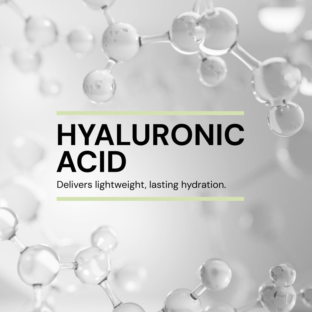 Key ingredient image. Text reads "HYALURONIC ACID. Delivers lightweight, lasting hydration"