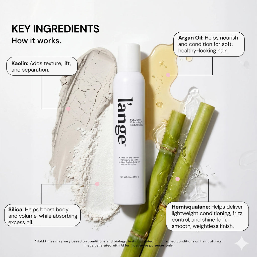 "Key Ingredients. How it works. Kaolin: Adds texture, lift, and separation. Argan Oil: Helps nourish and condition for soft, healthy-looking hair. Silica: Helps boost body and volume, while absorbing excess oil. Hemisqualane: Helps deliver lightweight conditioning, frizz control, and shine for a smooth, weightless finish."

Image generated with AI for illustrative purposes only