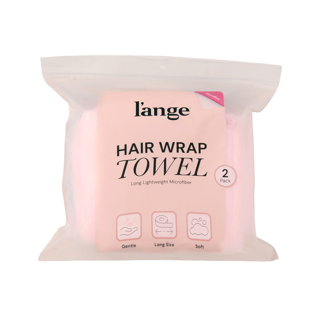 Hair Wrap Towel Packaging for L'ange on a white background. Text on packaging reads: "Hair Wrap Towel. Long Lightweight Microfiber. Gentle. Long Size. Soft"