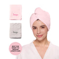 Model wearing a pink L’ange hair wrap towel; folded pink and gray towels shown; badge reads “BEST FOR SHORT TO MEDIUM LENGTH HAIR.”