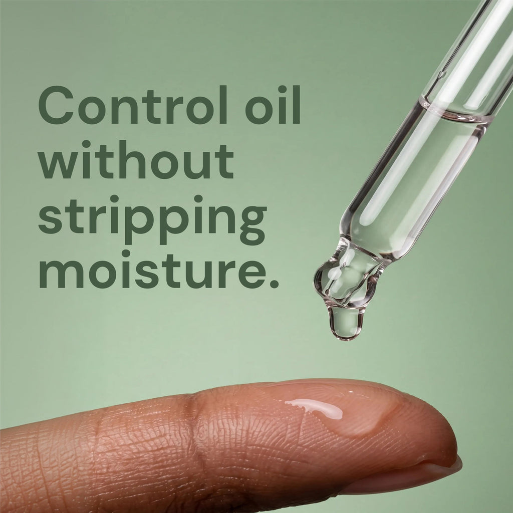 Dropper releasing a drop of serum onto a fingertip, with text "Control oil without stripping moisture."