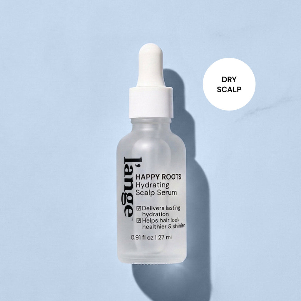 L'ange Happy Roots Hydrating Scalp Serum bottle with "Dry Scalp" badge on light blue background