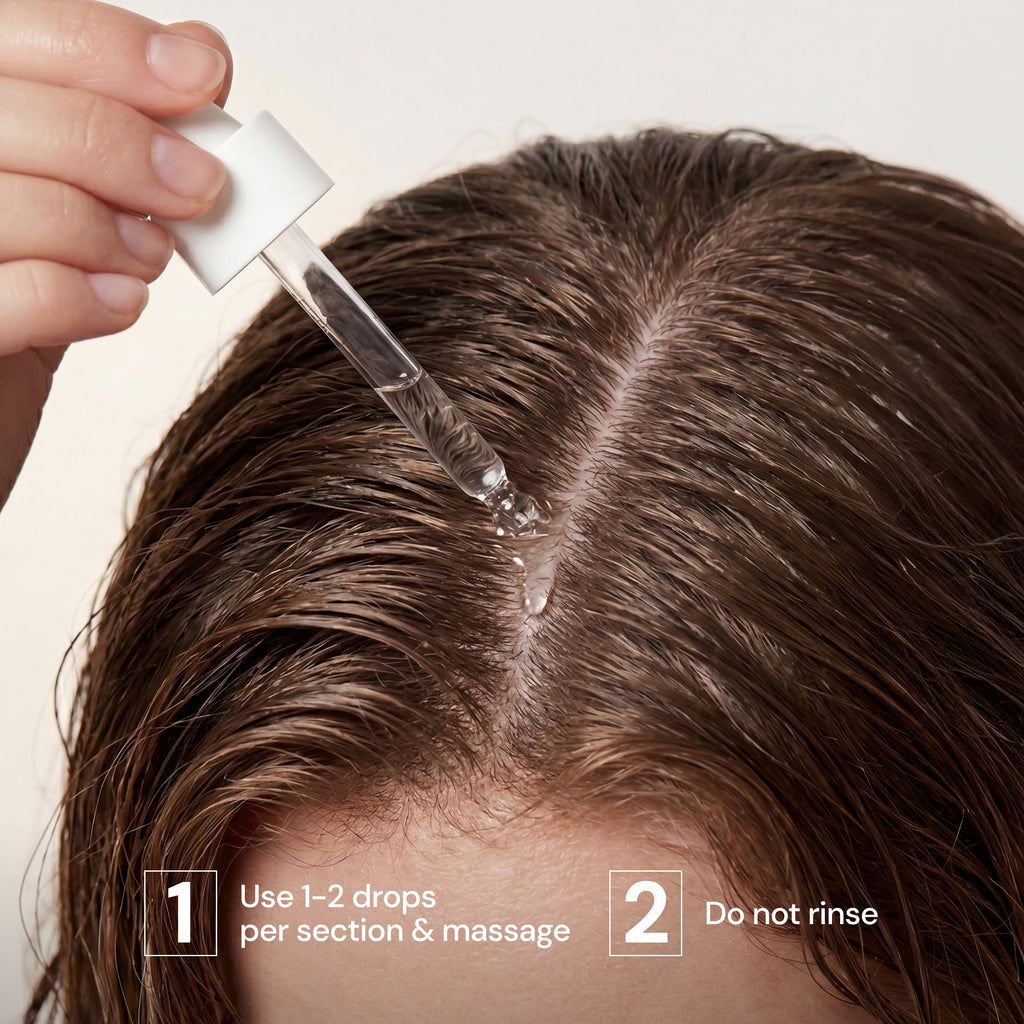  Dropper applying Hydrating Scalp Serum to scalp part with usage steps "Use 1-2 drops per section & massage" and "Do not rinse"