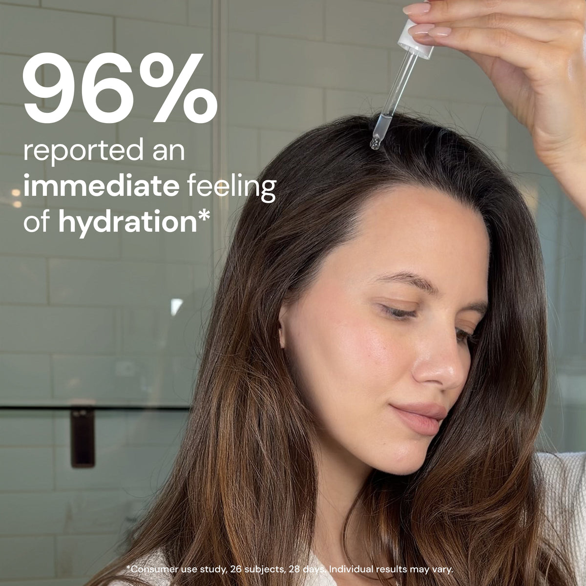 Dropper applying serum to woman's part with text "96% reported an immediate feeling of hydration*"

*Consumer use study 26 subjects, 28 days. Individual results may vary