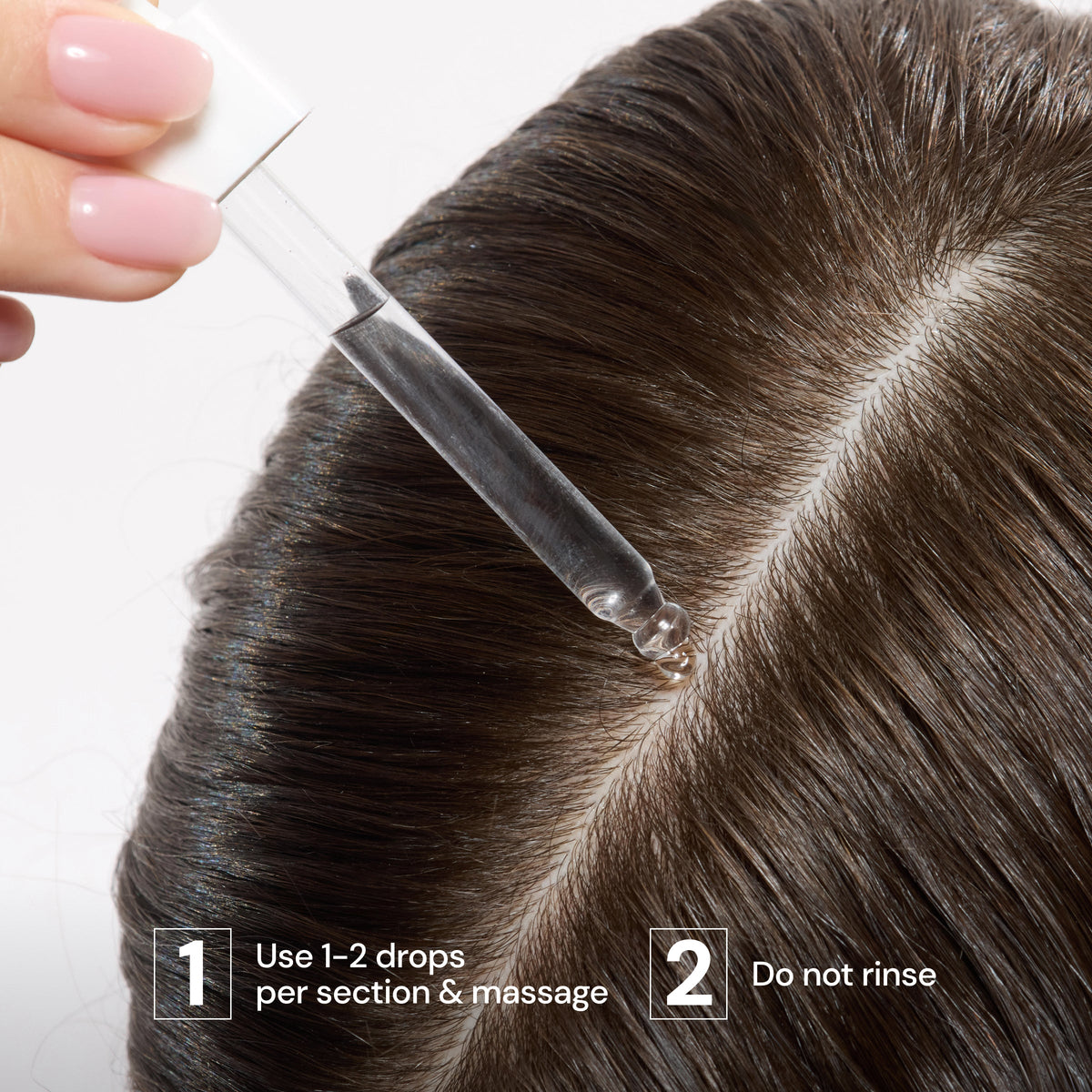 Dropper applying Oil Control Scalp Serum to scalp part with usage steps "Use 1-2 drops per section & massage" and "Do not rinse"