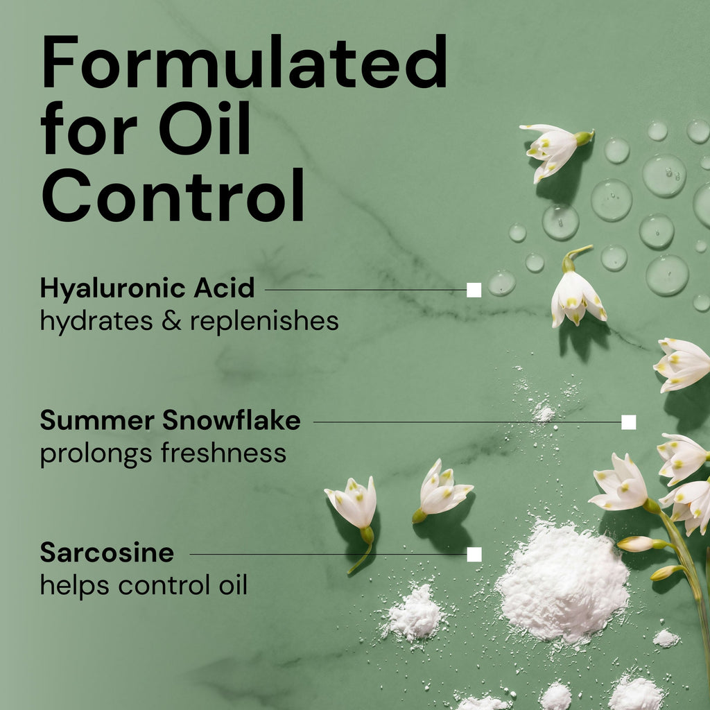 "Formulated for Oil Control" text with key ingredients "Hyaluronic Acid-hydrates & replenishes", "Summer Snowflake-prolongs freshness", and "Sarcosine-helps control oil"