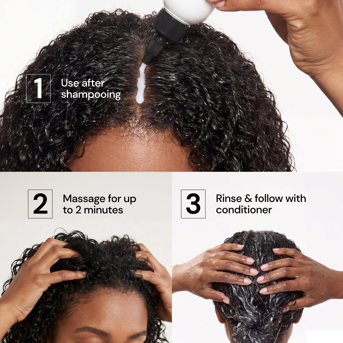 Three-step usage guide: "use after shampooing", "massage for up to 2 minutes" and "rinse & follow with conditioner"