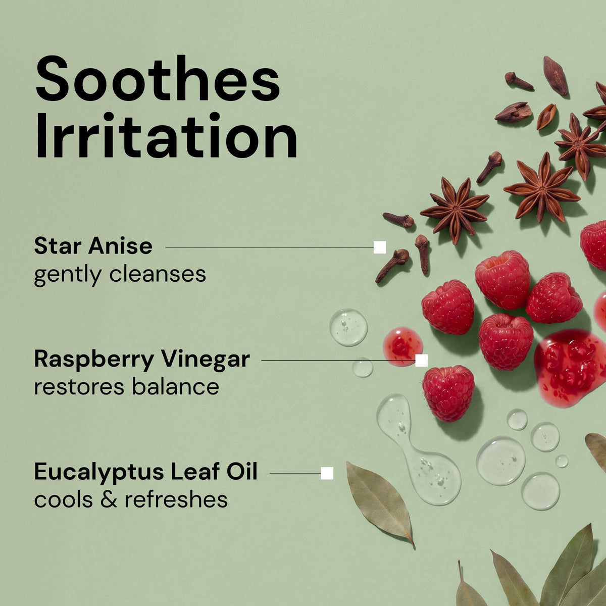 "Soothes Irritation" text with key ingredients "Star Anise-gently cleanses", "Raspberry Vinegar-restores balance", and "Eucalyptus Leaf Oil-cools & refreshes"