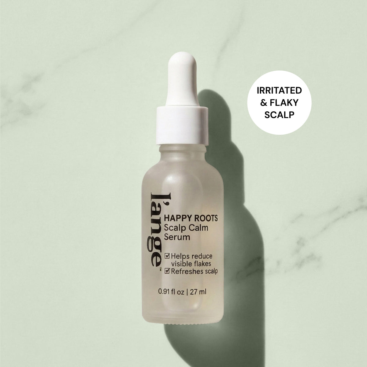 L'ange Happy Roots Scalp Calm Serum bottle with "Irritated & Flaky Scalp" badge on green background