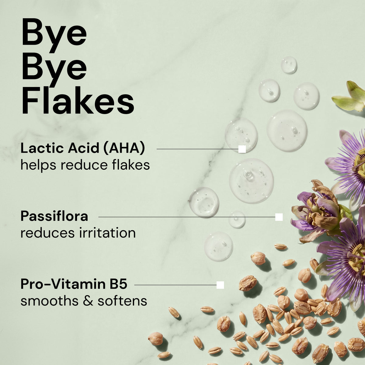 "Bye Bye Flakes" text with key ingredients and short text "Lactic Acid(AHA)-helps reduce flakes, Passiflora-reduces irritation, and Pro-Vitamin B5-smooths & softens"