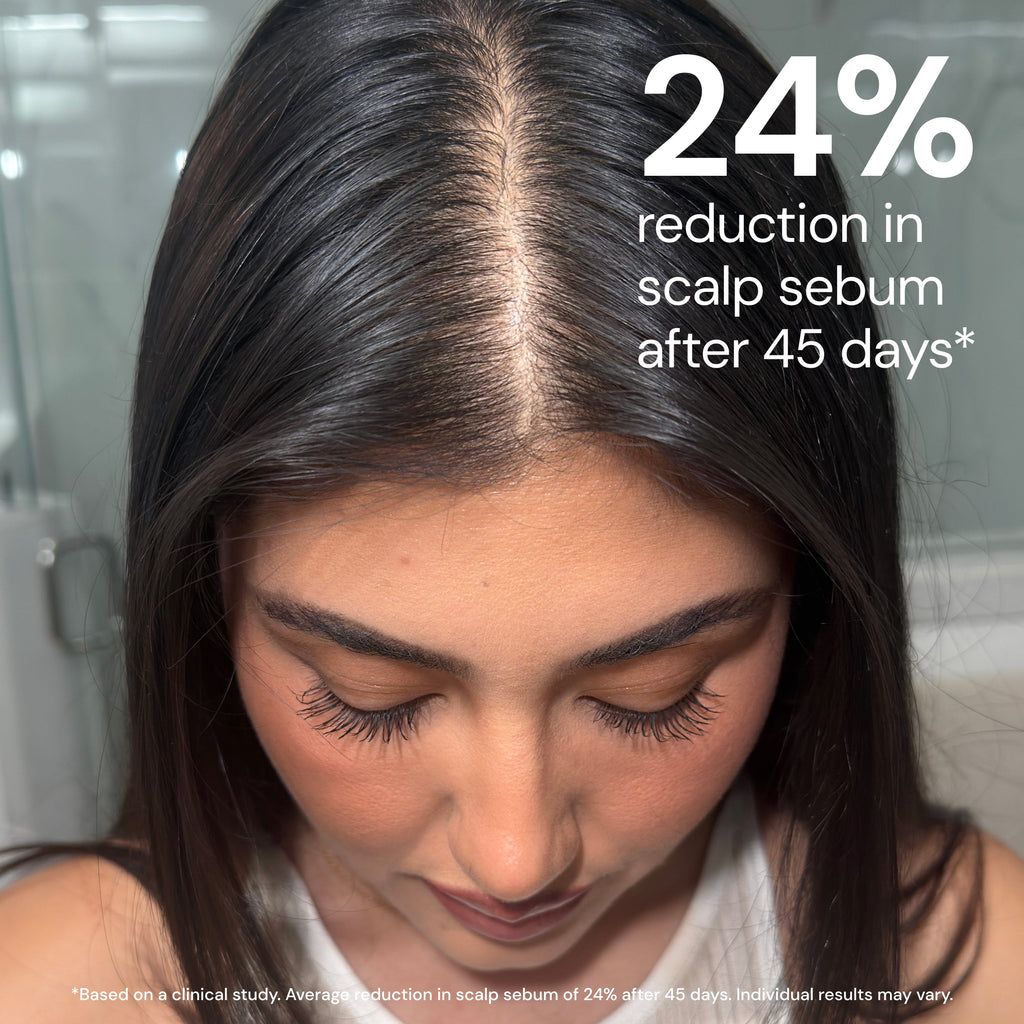 Close-up of woman's center part with text "24% reduction in scalp sebum after 45 days"

*Based on a clinical study. Average reduction in scalp sebum of 24% after 45 days. Individual results may vary.