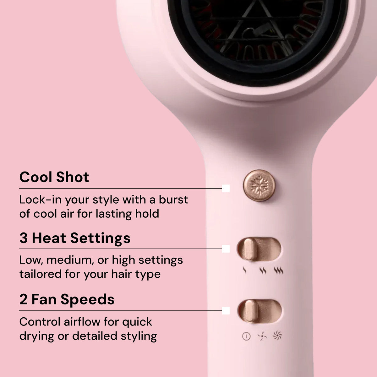 Close-up of L'ange Hot Stuff blush hair dryer handle showing controls. "Cool Shot – Lock-in your style with a burst of cool air for lasting hold. 3 Heat Settings – Low, medium, or high settings tailored for your hair type. 2 Fan Speeds – Control airflow for quick drying or detailed styling"