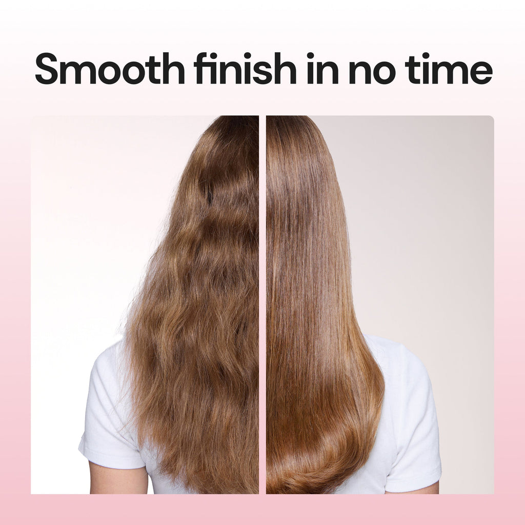 Before and after comparison of a woman's hair from the back, showing wavy textured hair on the left and smooth straight hair on the right, with text "Smooth finish in no time."