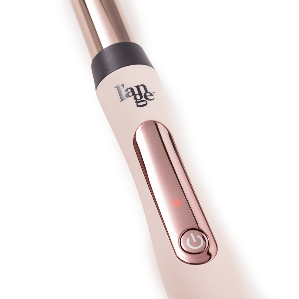 Zoomed in view of blush 25mm titanium barrel with soft touch ergonomic handles & rose gold power button