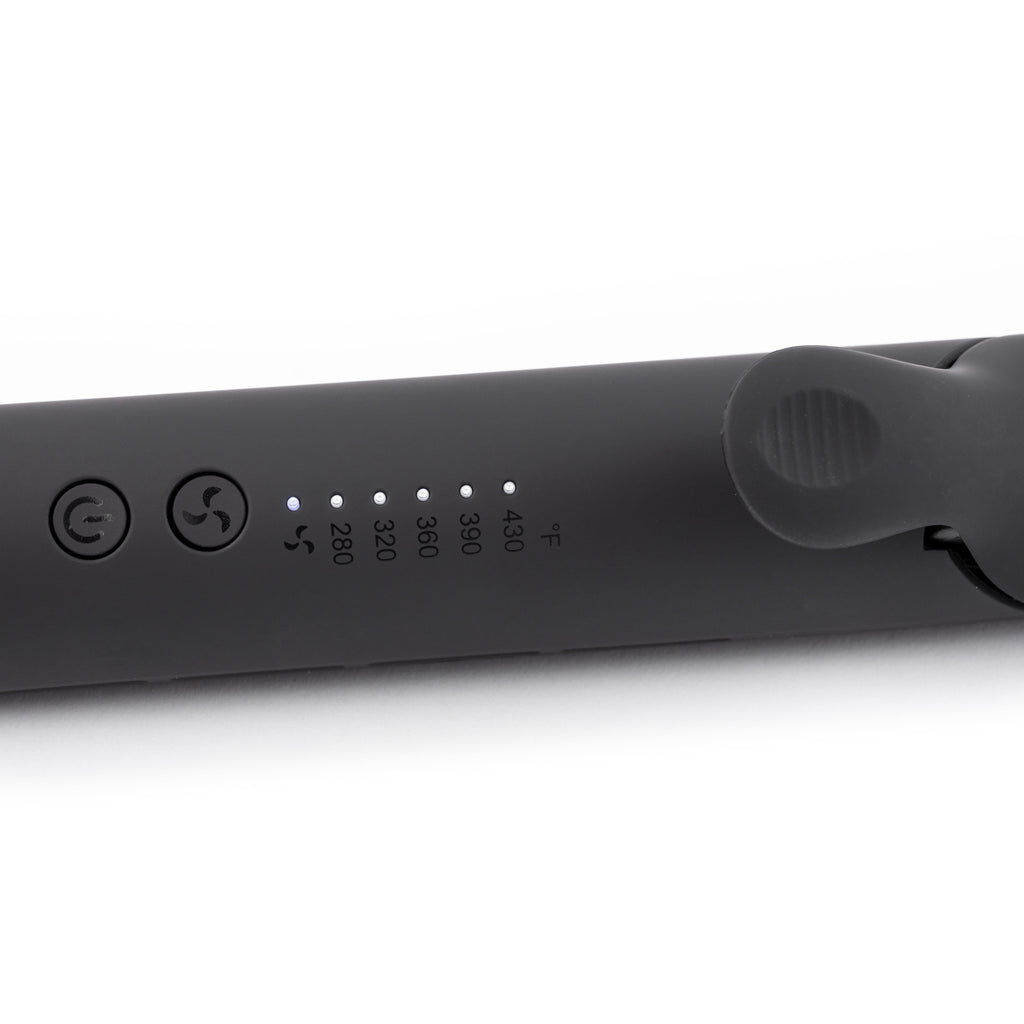 Black ergonomic handle with adjustable temp: 280°F - 430°F with power and on/off fan button