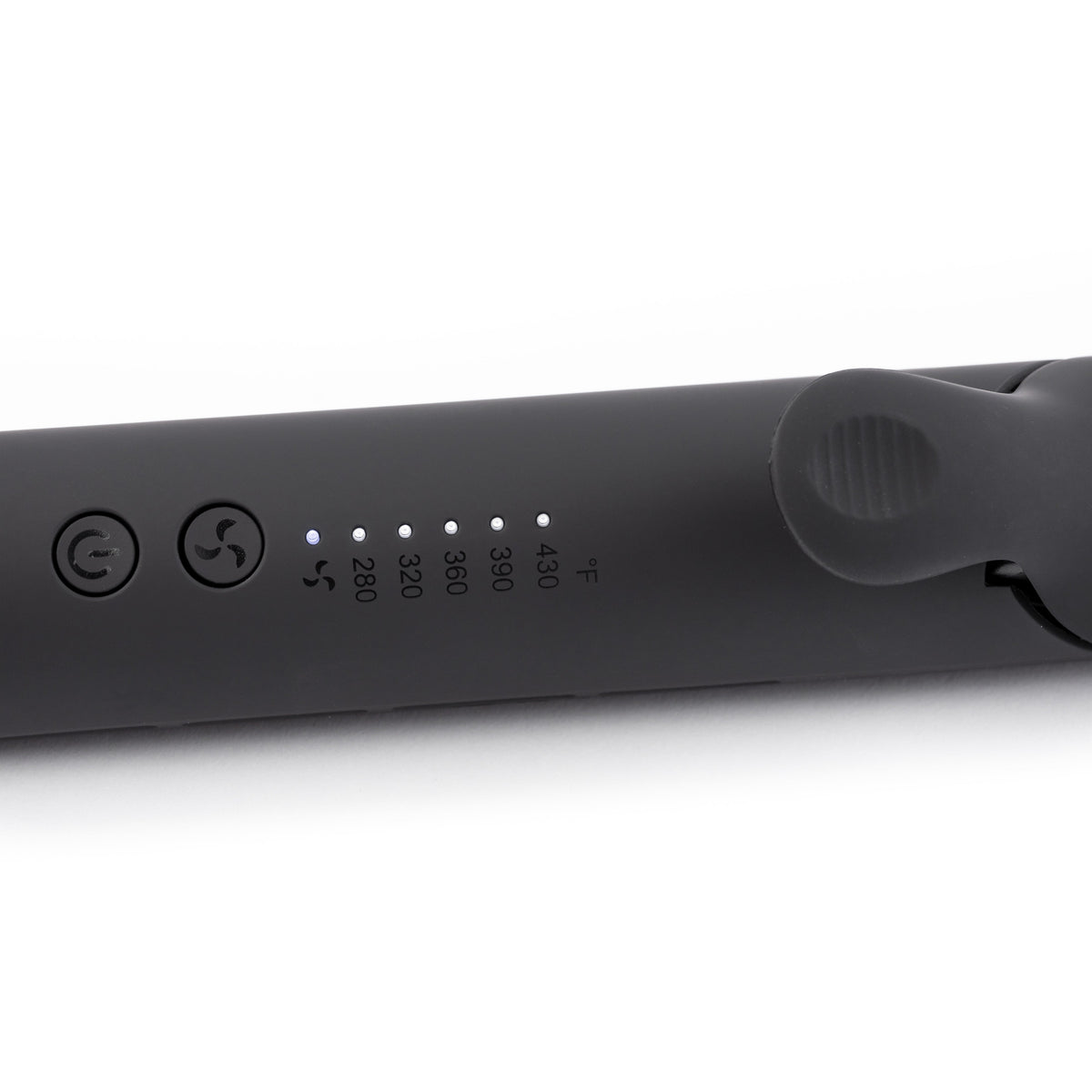 Black ergonomic handle with adjustable temp: 280°F - 430°F with power and on/off fan button