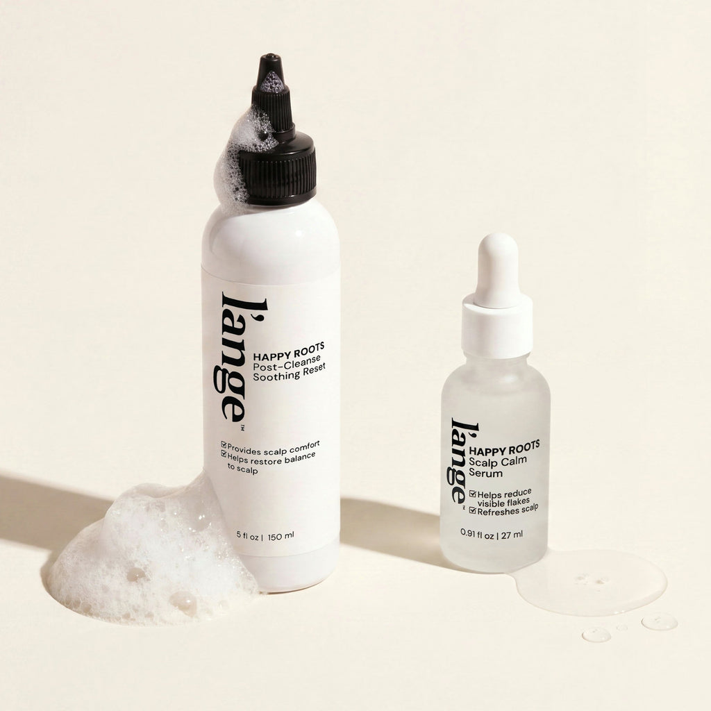 Happy Roots Scalp Calm Serum and Happy Roots Post-Cleanse Clarifying Wash bundle, on beige background