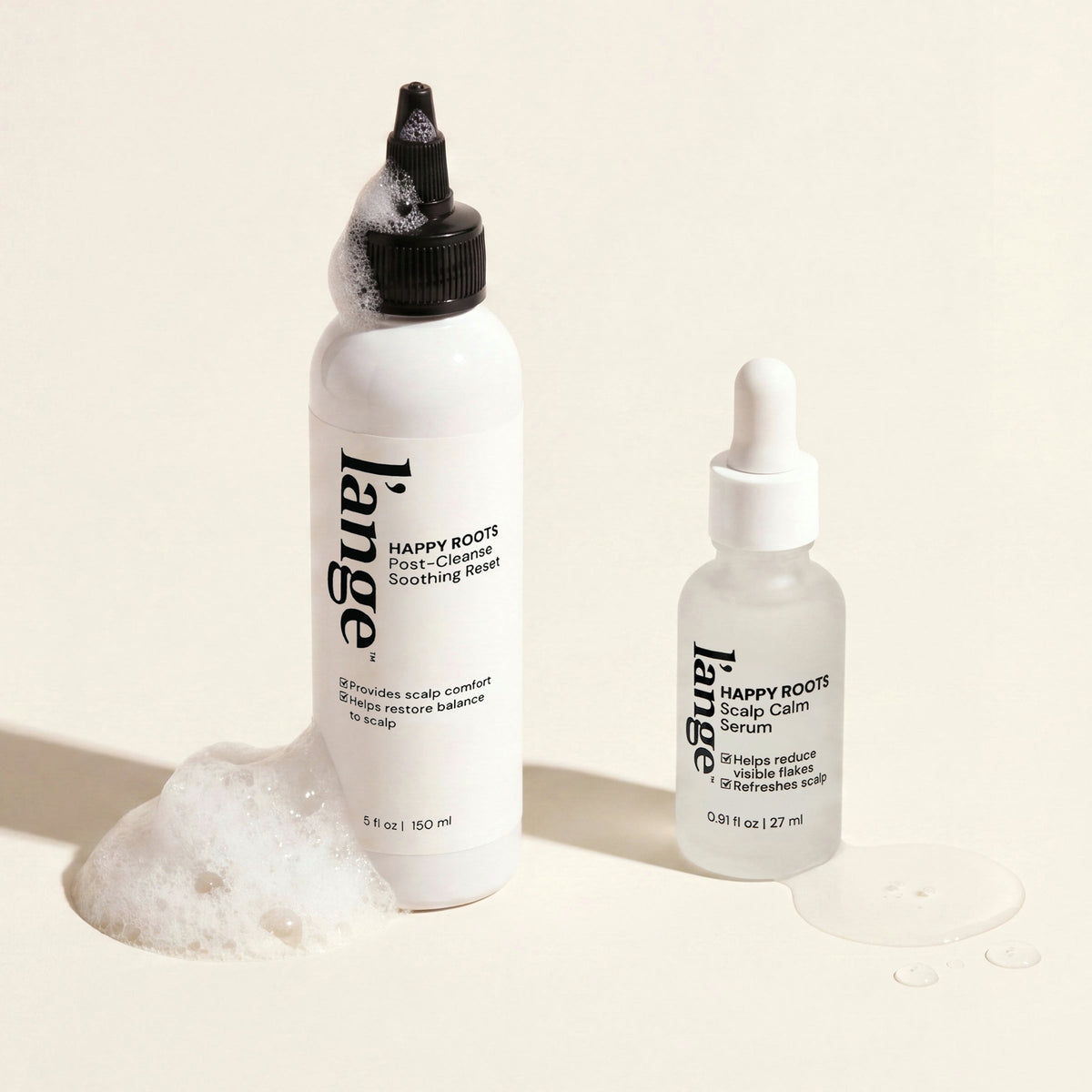 Happy Roots Scalp Calm Serum and Happy Roots Post-Cleanse Clarifying Wash bundle, on beige background