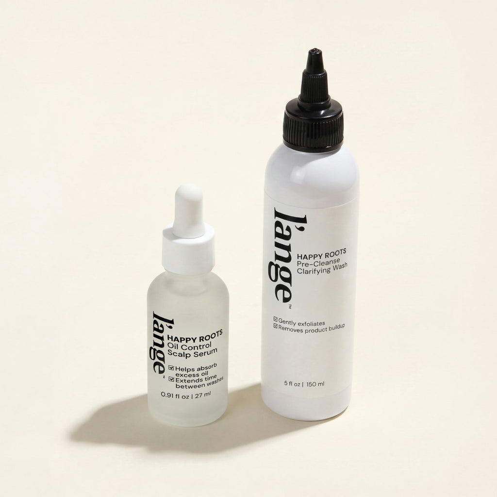 Happy Roots Oil Control Scalp Serum and Happy Roots Pre-Cleanse Clarifying Wash bundle, on beige background