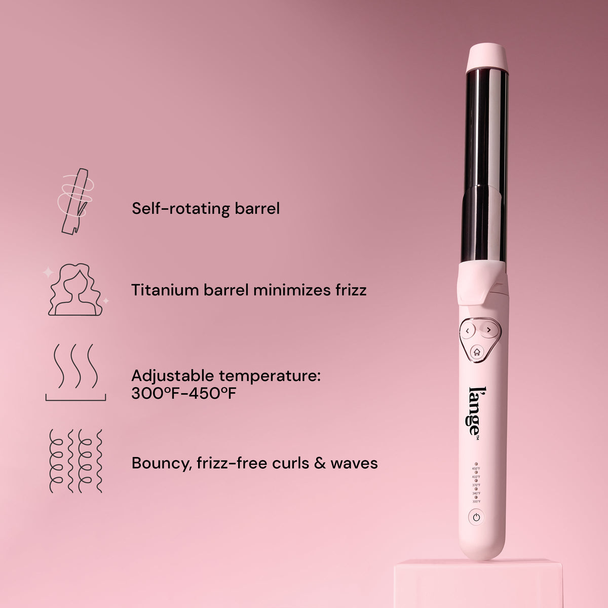 Hair styling tool with a self-rotating titanium barrel for minimizing frizz, featuring adjustable temperatures from 300°F to 450°F for bouncy, frizz-free curls and waves.