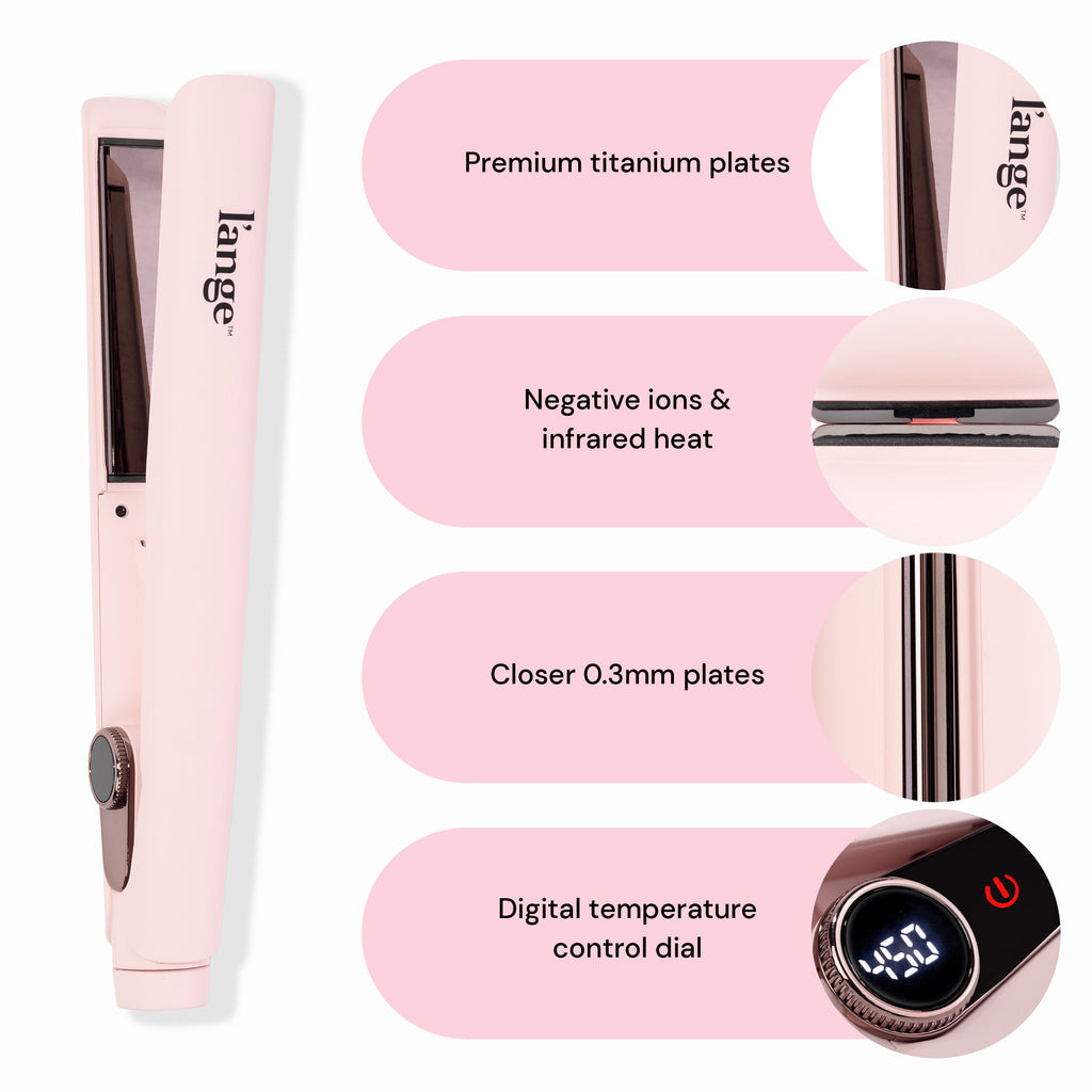 Blush Le Titane stands next to closeups of its titanium plates, infrared heat strips, digital temperature dial, and more.