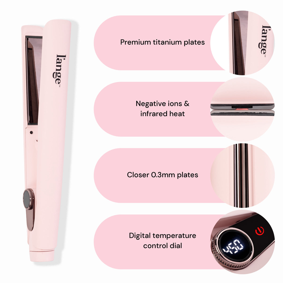 Blush Le Titane stands next to closeups of its titanium plates, infrared heat strips, digital temperature dial, and more.