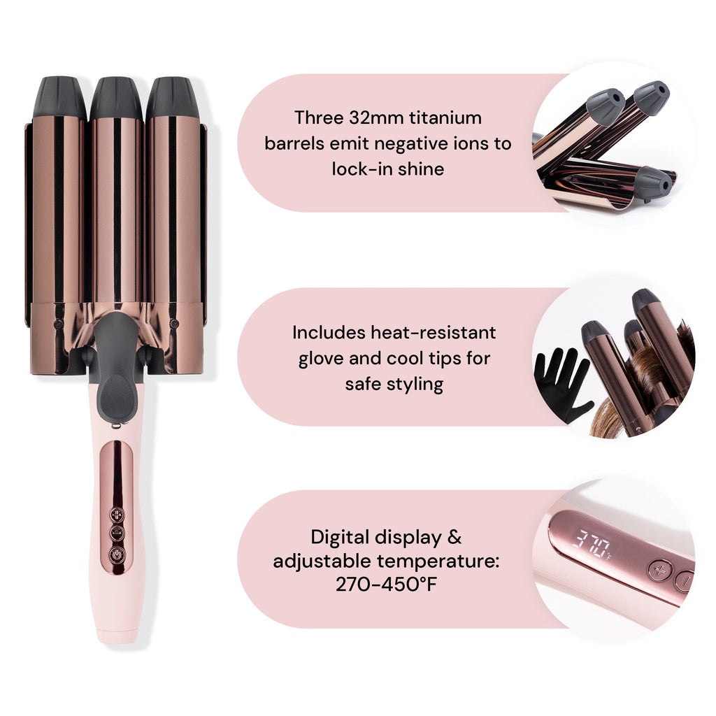 e Tridente hair waving tool stands next to 3 closeups showing its three barrels, heat-resistant glove, and digital display.