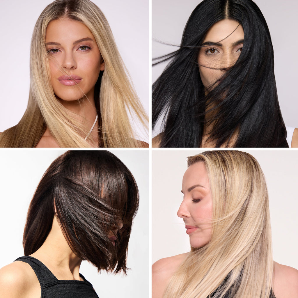 Collage of four women with sleek, straight hairstyles in various hair colors.