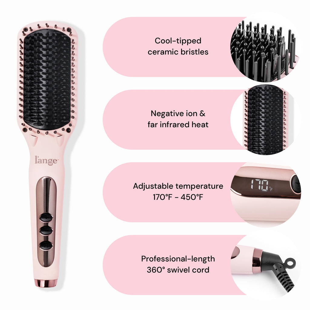 Le Vite stands next to 4 close ups explaining this heated brush has cool-tip ceramic bristles, negative ions, and more.