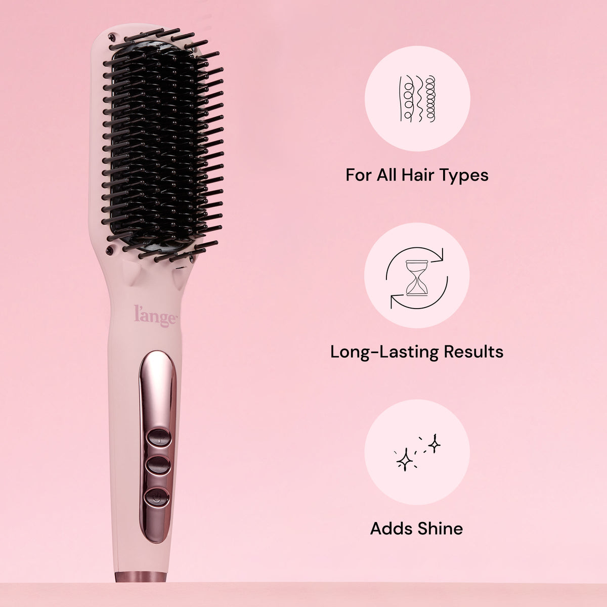 Blush Le Vite stands next to icons representing it’s for all hair types, gives long-lasting results, and adds shine.