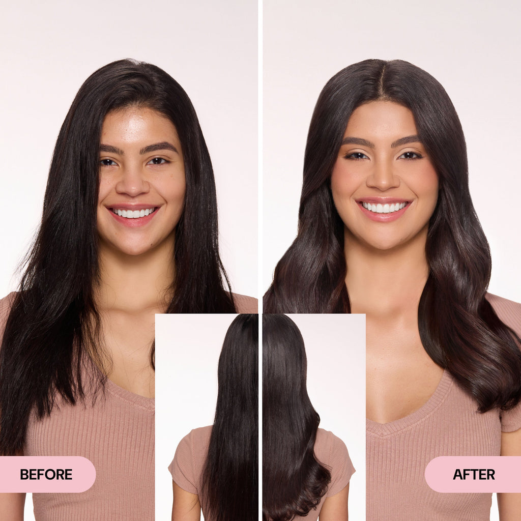 Side-by-side before and after photos of a smiling woman with dark brown hair; before shows smooth, straight hair, and after reveals soft, voluminous curls styled with L’ange Move-It Dry Texture Spray.