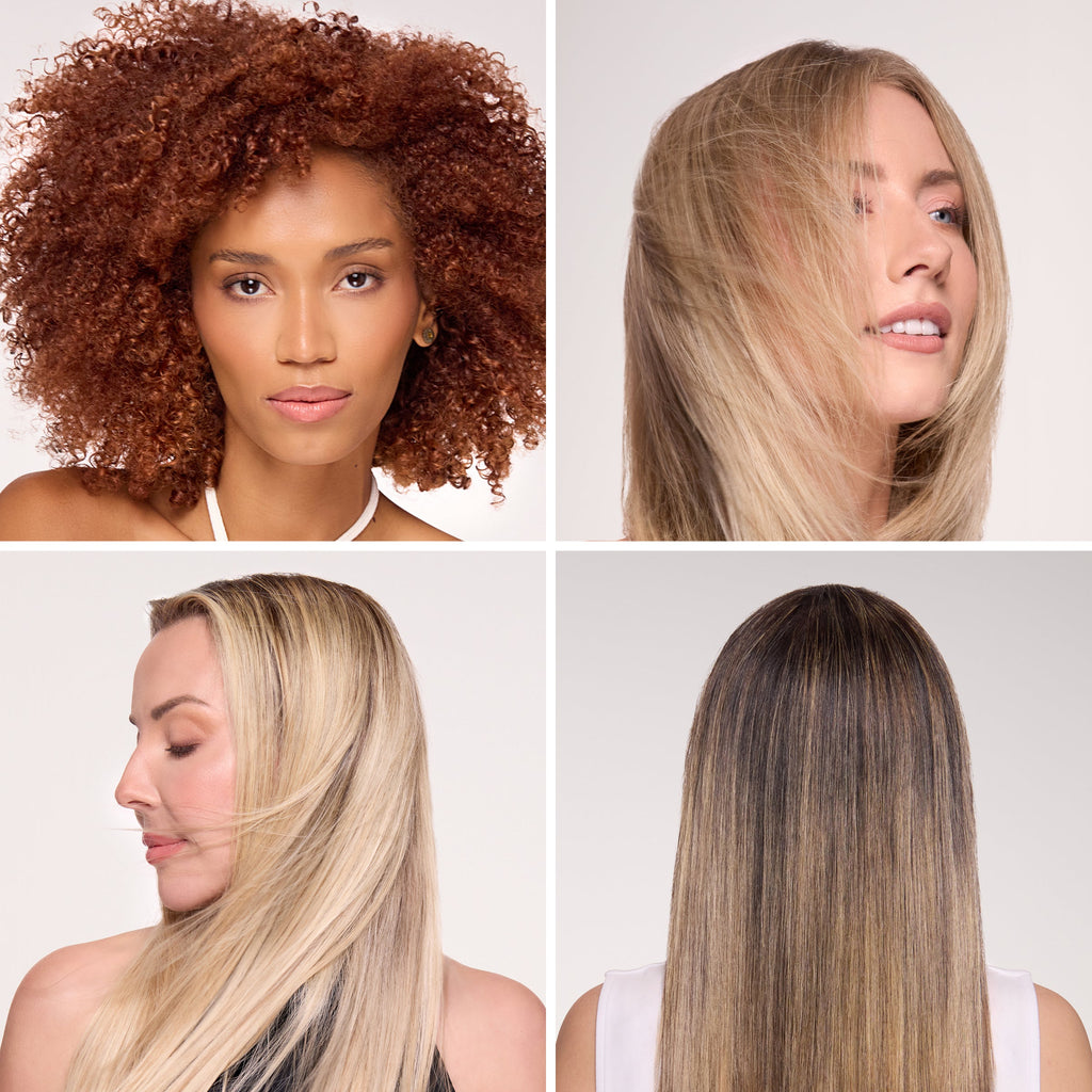 Diverse hairstyles showcasing curly auburn, sleek blonde with a side view, straight blonde from the back, and soft, blonde with movement.
