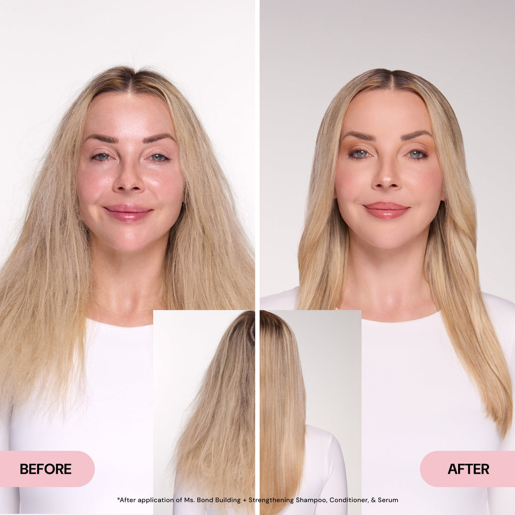 Side-by-side comparison shows a visible transformation of hair texture and appearance. On the left, hair appears frizzy and dry, while on the right, it looks smooth, shiny, and well-conditioned. A smaller image inset highlights the back view improvements.