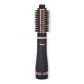 A sleek black and rose gold heated styling brush with a round barrel and bristles, designed for effortless hair styling.